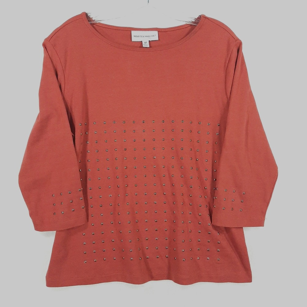 Rebecca Malone Womens Rust Terracotta Studded 3/4 Sleeve Boat Neck Top Size M